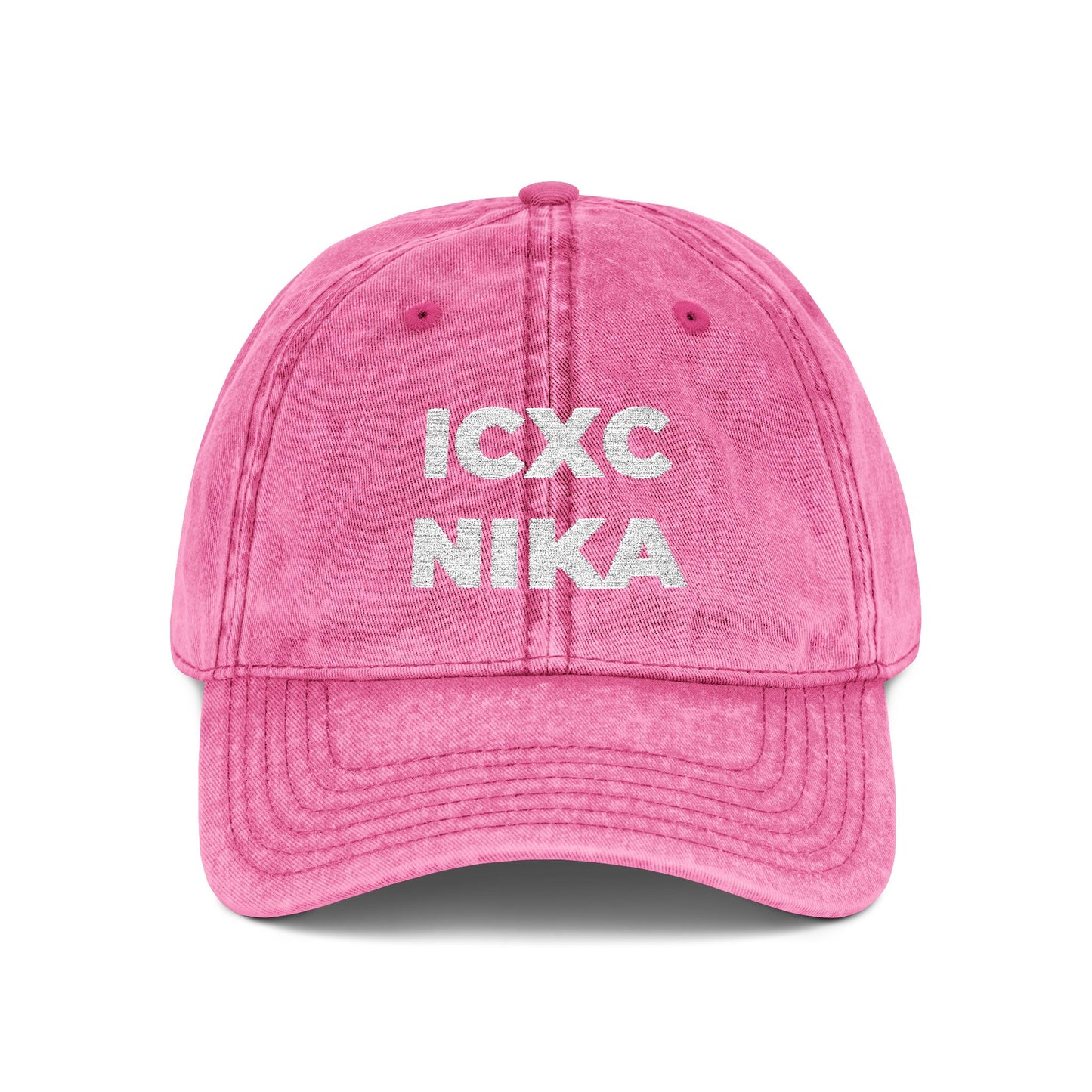 White ICXC NIKA Text Christogram | Orthodox Christian Symbol Meaning "Jesus Christ Conquers" | Christ is King | Denim Embroidered Cap