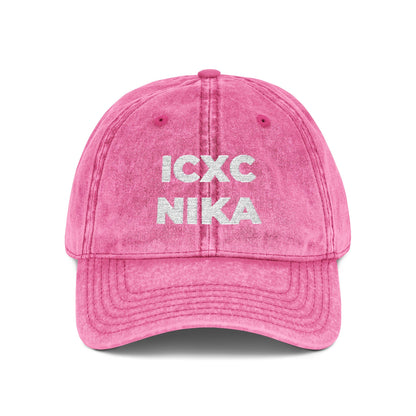 White ICXC NIKA Text Christogram | Orthodox Christian Symbol Meaning "Jesus Christ Conquers" | Christ is King | Denim Embroidered Cap