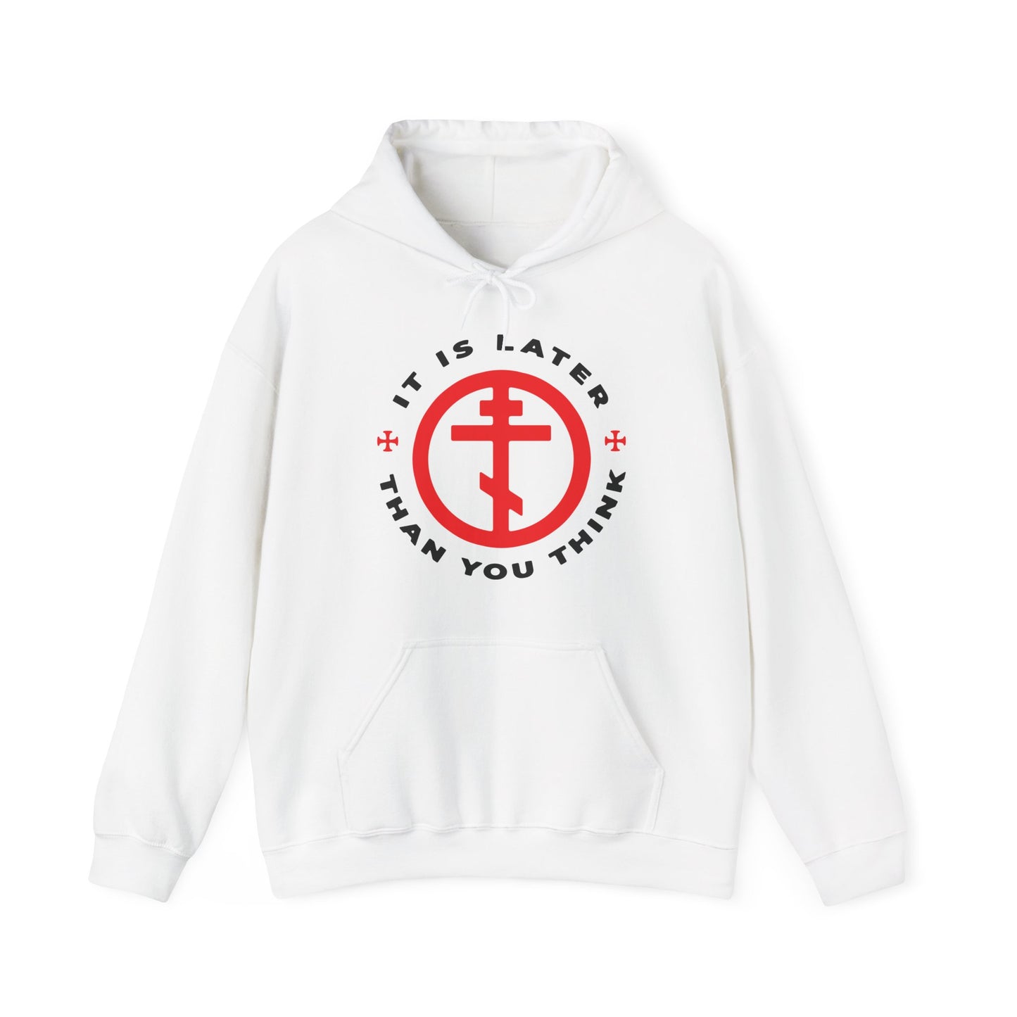White "It Is Later Than You Think" hoodie with Orthodox cross in circle, inspired by Fr Seraphim Rose and Romans 13:10-12. Features black text and red symbol. Memento Mori/Apocalypse design celebrating American Saint.