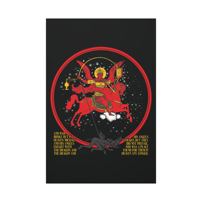The "Archangel Michael of the Apocalypse Icono-Graphic" Christian canvas art shows Michael in armor on a red horse battling a black dragon amid stars, referencing Revelation 12:7-9, with gold text below.