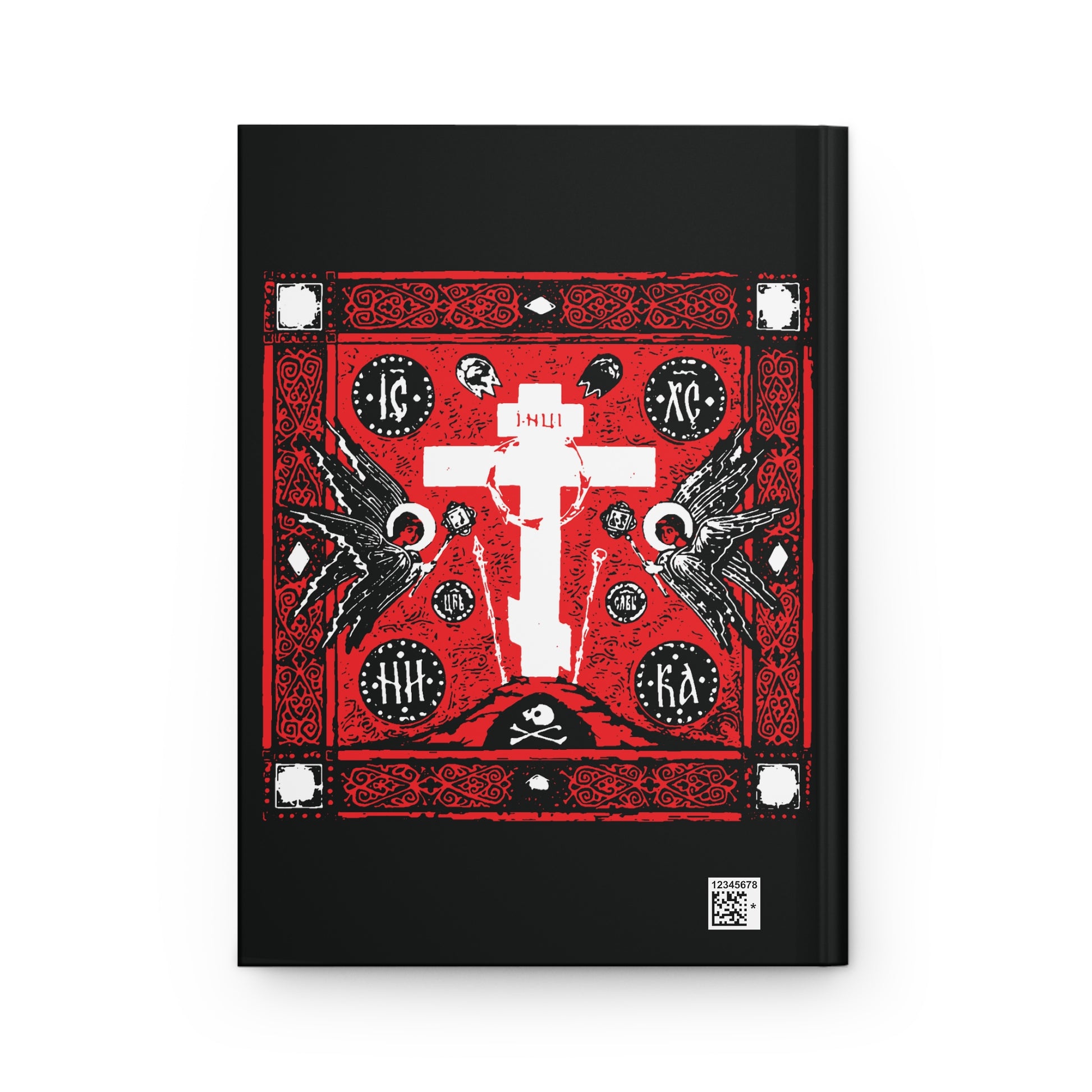 Adoration of the Holy Cross IconoGraphic | Striking Red White and Black Golgotha Design w/ Angels | Orthodox Christian Accessory | Blank Hardcover Journal-Remembrance of Death