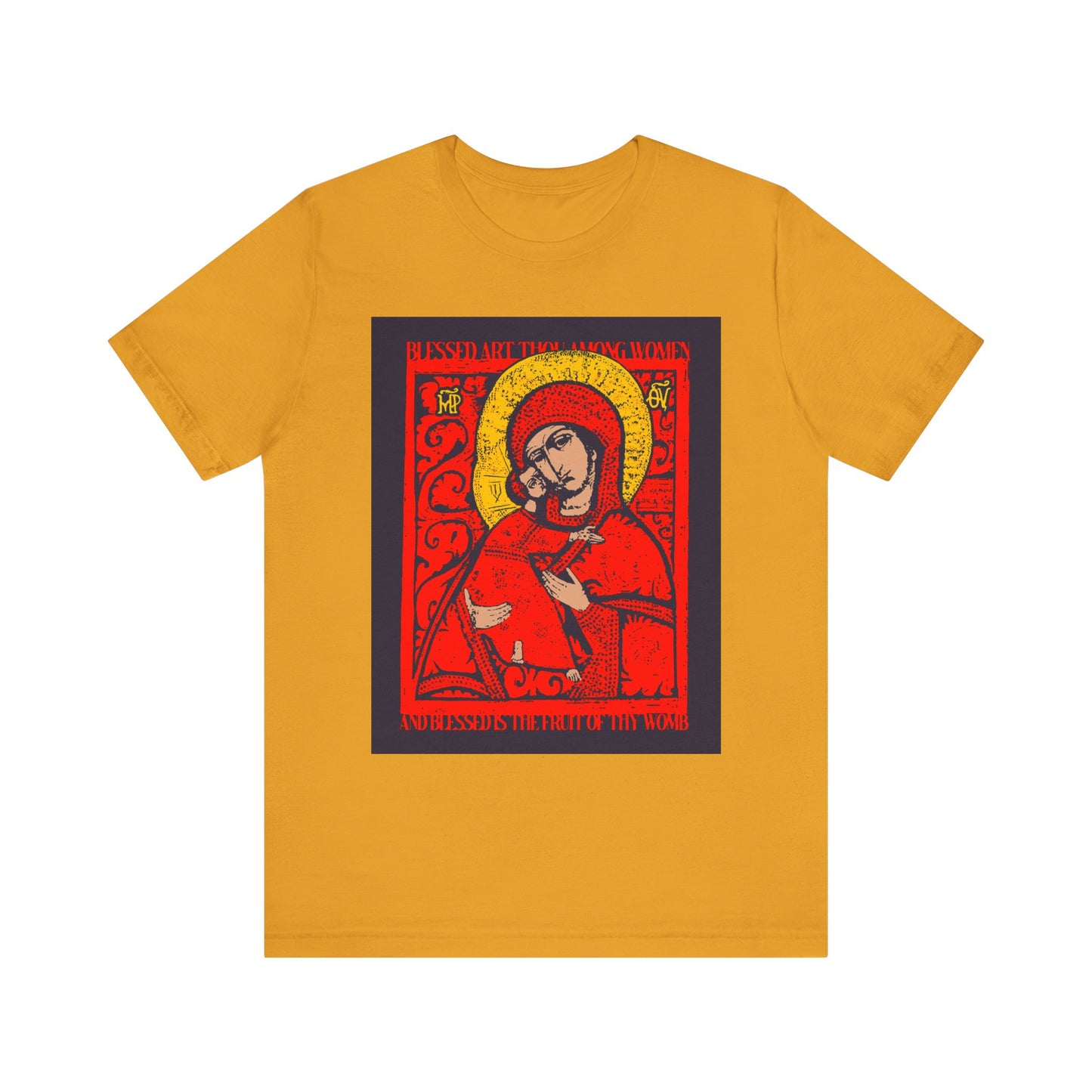 Mustard Vladimir Theotokos IconoGraphic lightweight cotton unisex T-shirt featuring a striking red and gold Orthodox Christian icon of the Virgin Mary printed on the front, with the inscription "Blessed Art Thou Among Women.