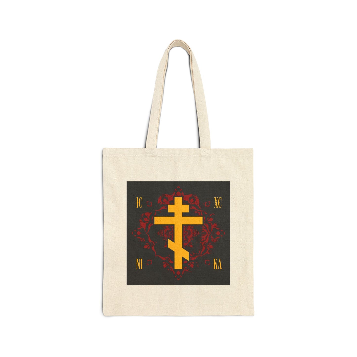ICXC NIKA Yellow Russian Cross on Ornate Red Background Design | Jesus Christ Conquers | Orthodox Christian Tote Bag