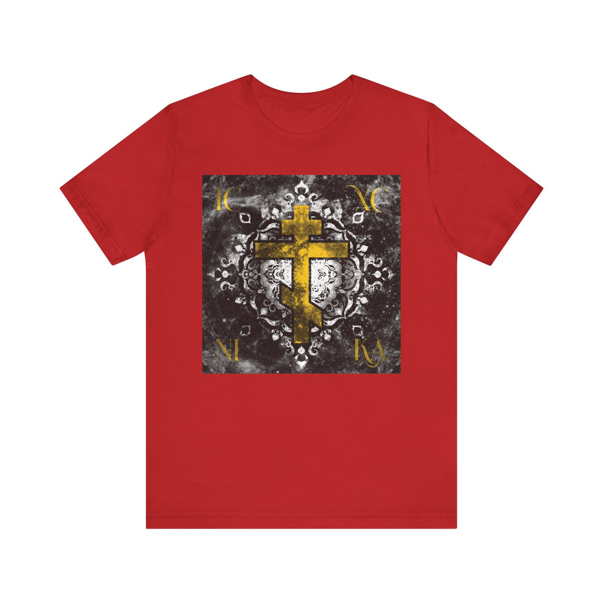 Gold ICXC NIKA Orthodox Cross on a grayscale ornate floral texture background, featured at the center of the chest on this lightweight cotton unisex tee, inspired by Jesus' passion and devotion to Christ God.