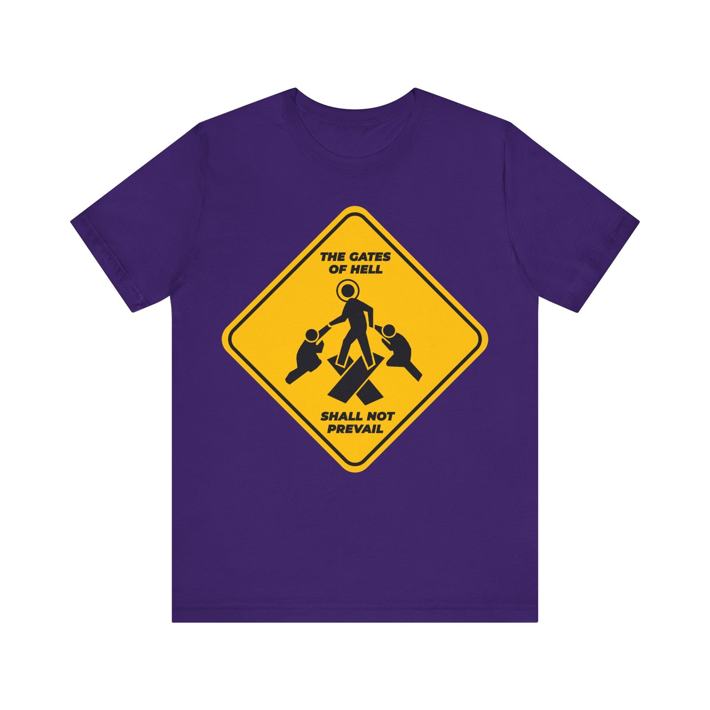 Gates of Hell Shall Not Prevail | Yellow Street Sign Minimalist Pascha Icon | Trampling Down Death By Death | Lightweight Cotton Unisex Tee