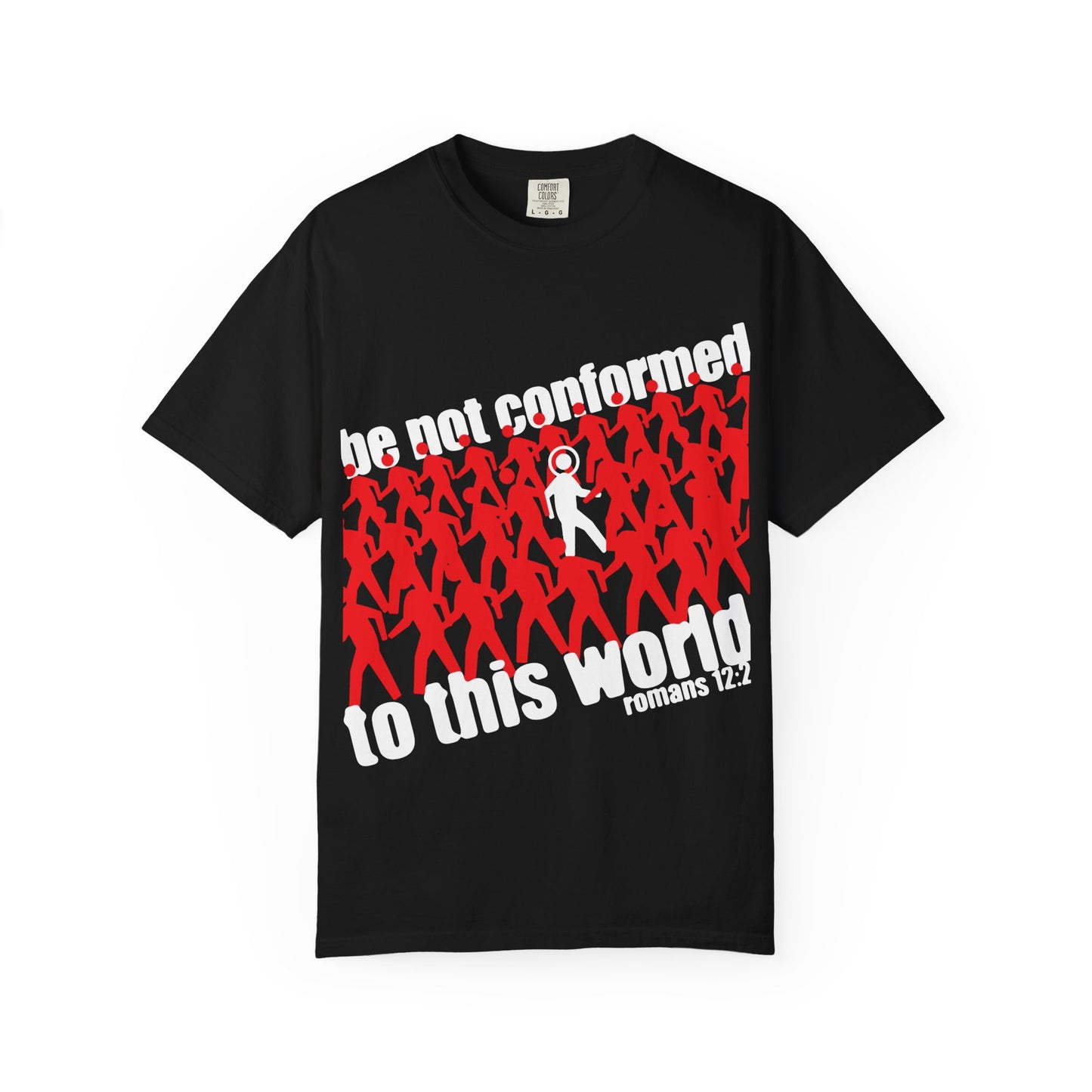 Introducing the “Be Not Conformed to This World (Romans 12:2) | Reject the Modern World | Orthodox Christian Heavyweight Cotton Unisex Tee” in black—a striking shirt featuring red figures, one white figure, and the bold message: Be not conformed to this world. Romans 12:2. This design serves as a powerful reminder, inspired by Romans 12:1-2, to renew your mind and embrace authentic rational worship.