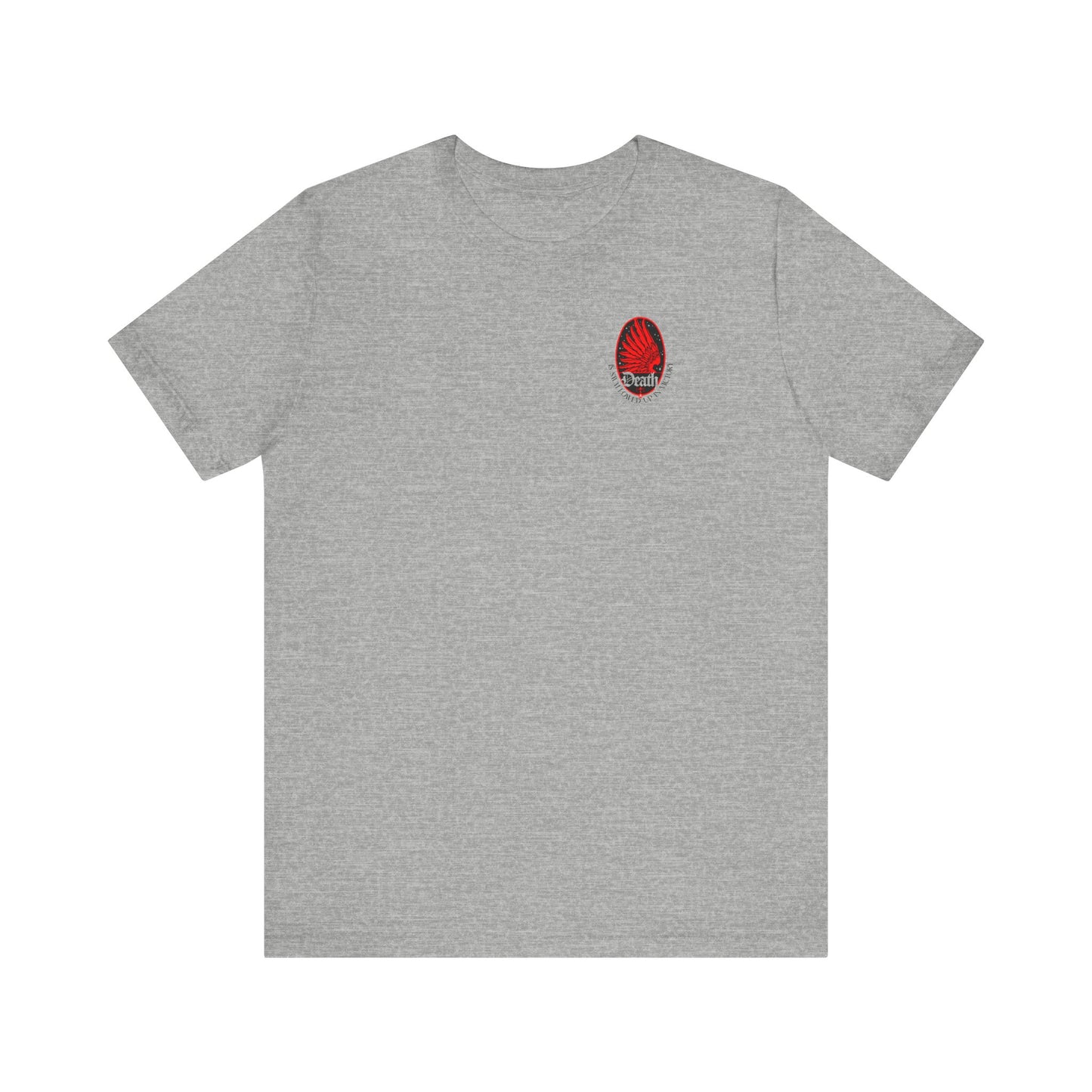 Athletic Heather t-shirt with a small Art Nouveau eagle wing and stars design on the left chest, inspired by 1 Cor 15:54, symbolizing victory over death.