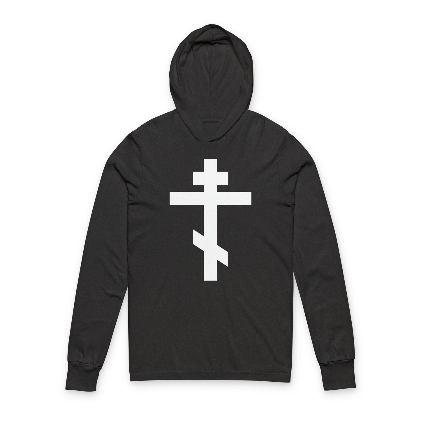 Charcoal Black TriBlend Orthodox Hooded Shirt featuring a white Orthodox Cross and the quote “May I never boast, except in the cross of our Lord Jesus Christ” (Gal 6:14), displayed on a white background.