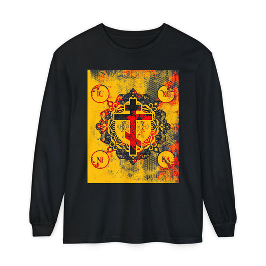 IC XC NIKA Orthodox Cross | Yellow & Red Modern & Medieval Textured Floral Design | Orthodox Christian Long Sleeve Shirt