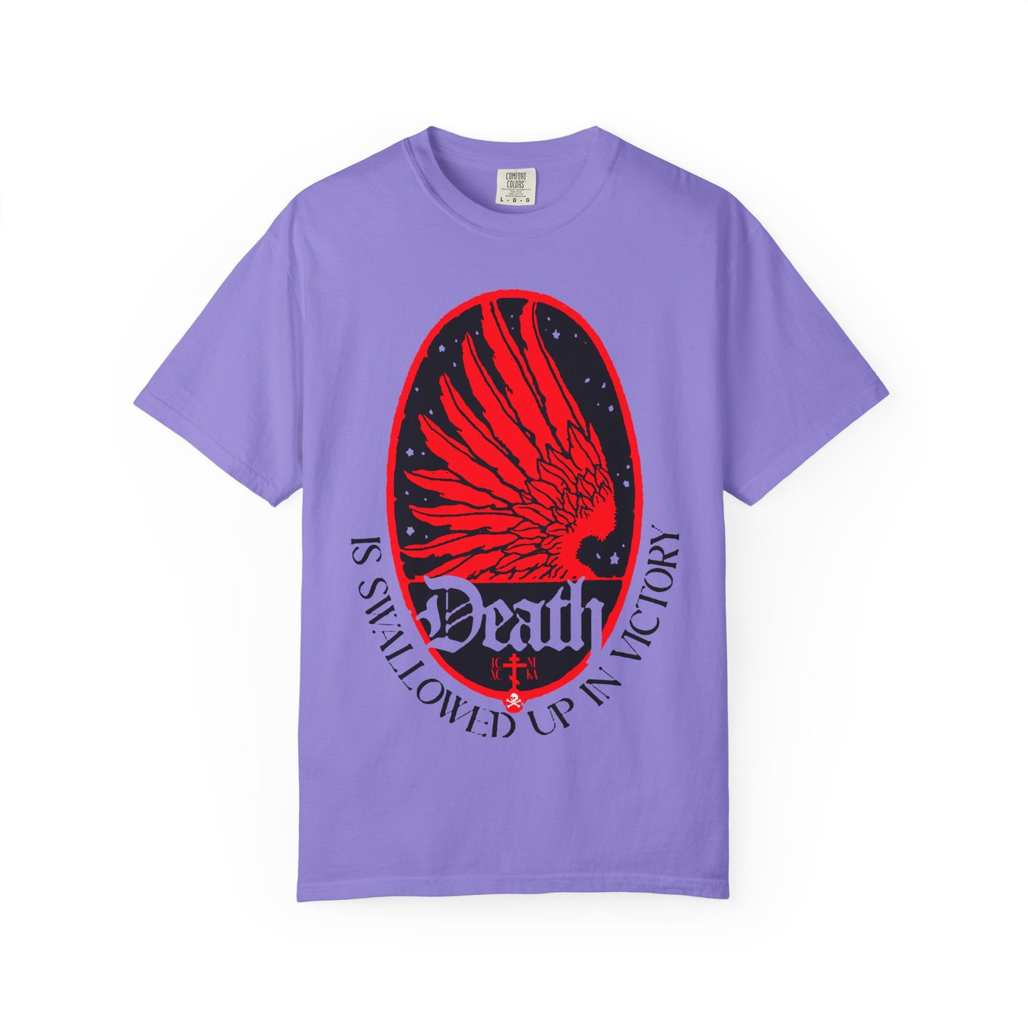 Violet “Death is Swallowed Up In Victory (1 Cor 15:54)” heavyweight cotton unisex tee, featuring an Art Nouveau-inspired eagle wing and stars design with Orthodox Christian symbolism—representing immortality and triumph over death.