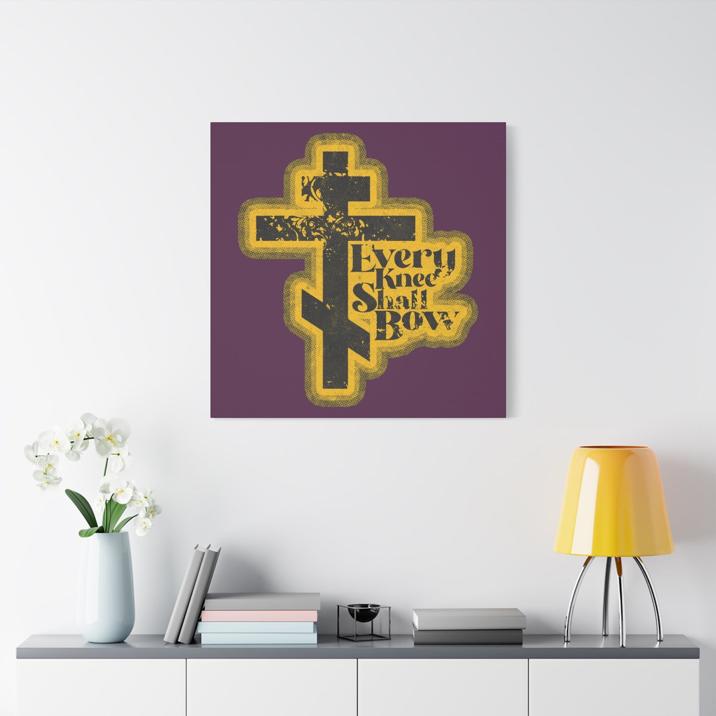 Every Knee Shall Bow | 70s Distressed Halftone Comic Book Aesthetic | Philippians 2:10-11 | Isaiah 45:23 | Christian Wall Art