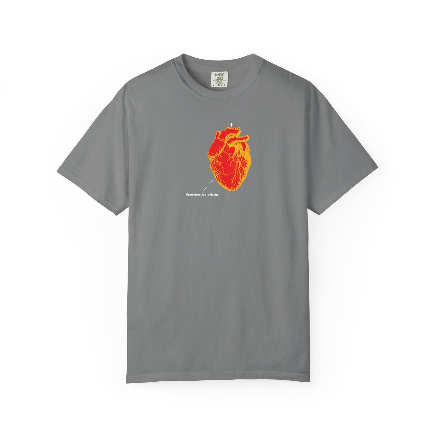 Grey heavyweight cotton unisex tee featuring an antique medical textbook heart design in red & orange with "Remember You Will Die" memento mori theme, symbolizing the soul’s enduring connection beyond death.