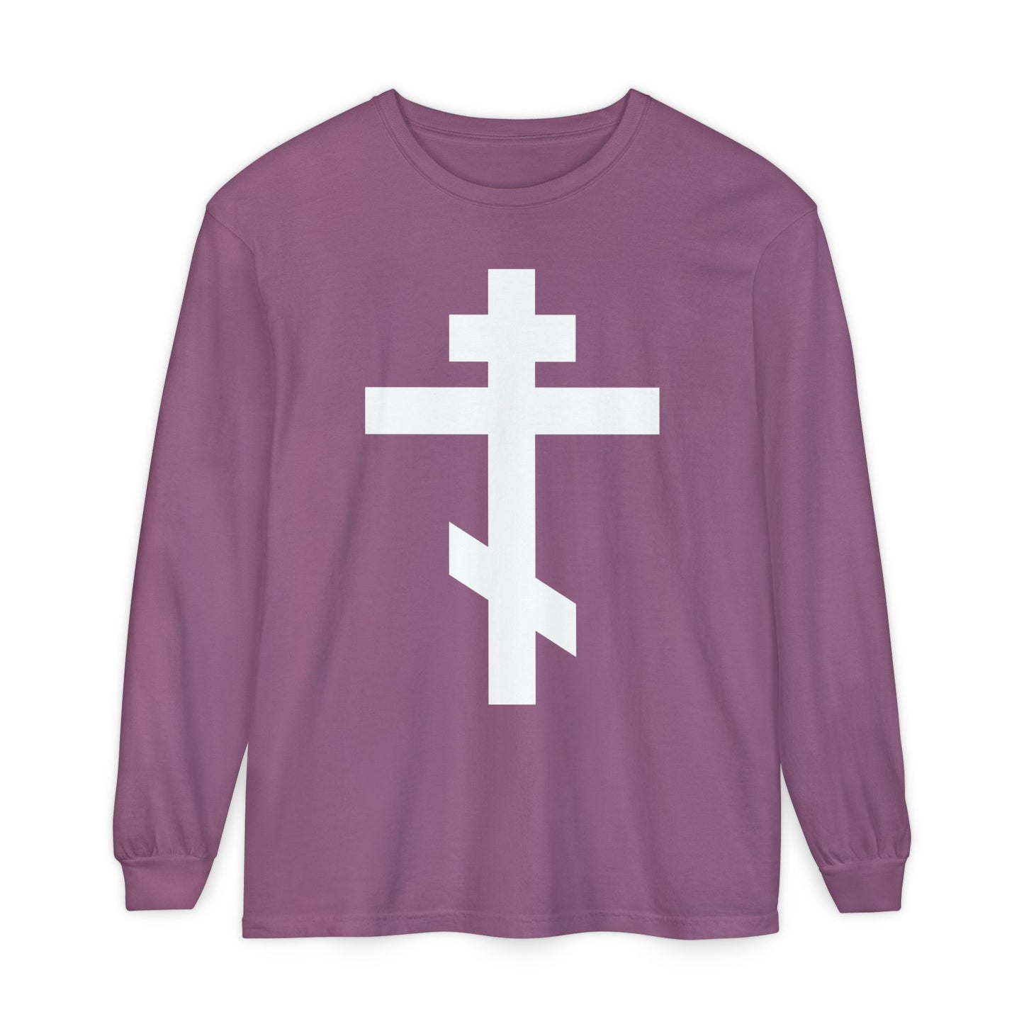 Berry long-sleeve shirt featuring a large white Orthodox cross on the front, inspired by Galatians 6:14: "May I never boast, except in the cross of our Lord Jesus Christ.