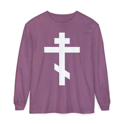 Berry long-sleeve shirt featuring a large white Orthodox cross on the front, inspired by Galatians 6:14: "May I never boast, except in the cross of our Lord Jesus Christ.
