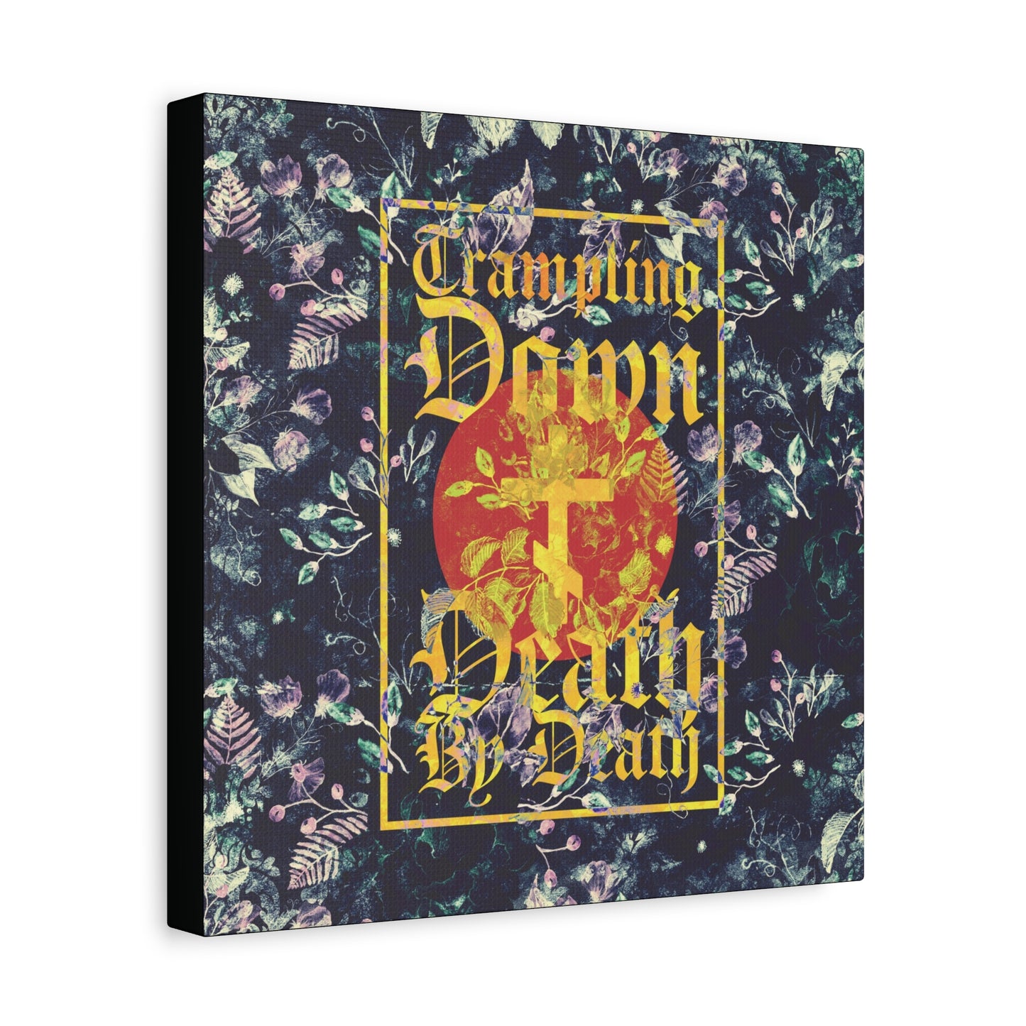 Trampling Down Death By Death | Paschal Floral Design with Gothic Script and Three-Bar Cross | Orthodox Christian Canvas Art