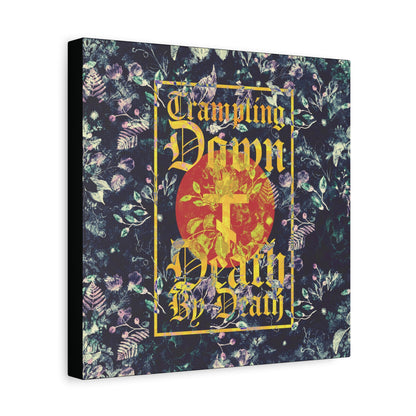 Trampling Down Death By Death | Paschal Floral Design with Gothic Script and Three-Bar Cross | Orthodox Christian Canvas Art