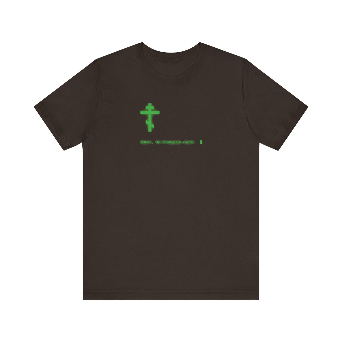 Brown t-shirt with "Behold the Bridegroom Cometh" in glowing green text on a retro CRT monitor, inspired by Orthodox Christian themes. Lightweight unisex cotton design with a subtle Theotokos reference.