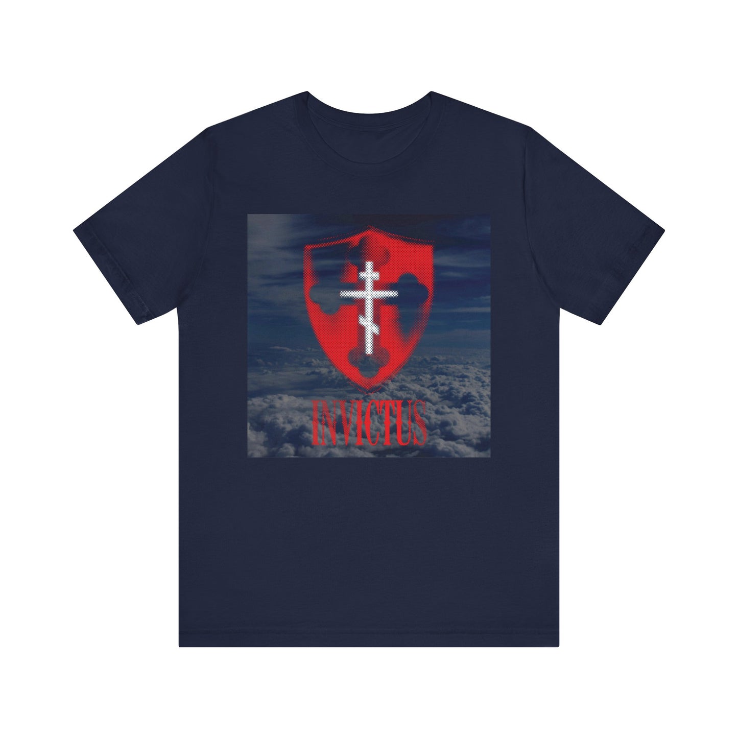 Introducing the Invictus White Orthodox Cross Lightweight Cotton Unisex Tee in navy, featuring a glowing red halftone shield and a striking white cross with the word “INVICTUS” over a dramatic clouds background—symbolizing Christ Unconquered and inspired by 1 Corinthians 15:54: “Death is swallowed up in victory” and the promise of immortality.