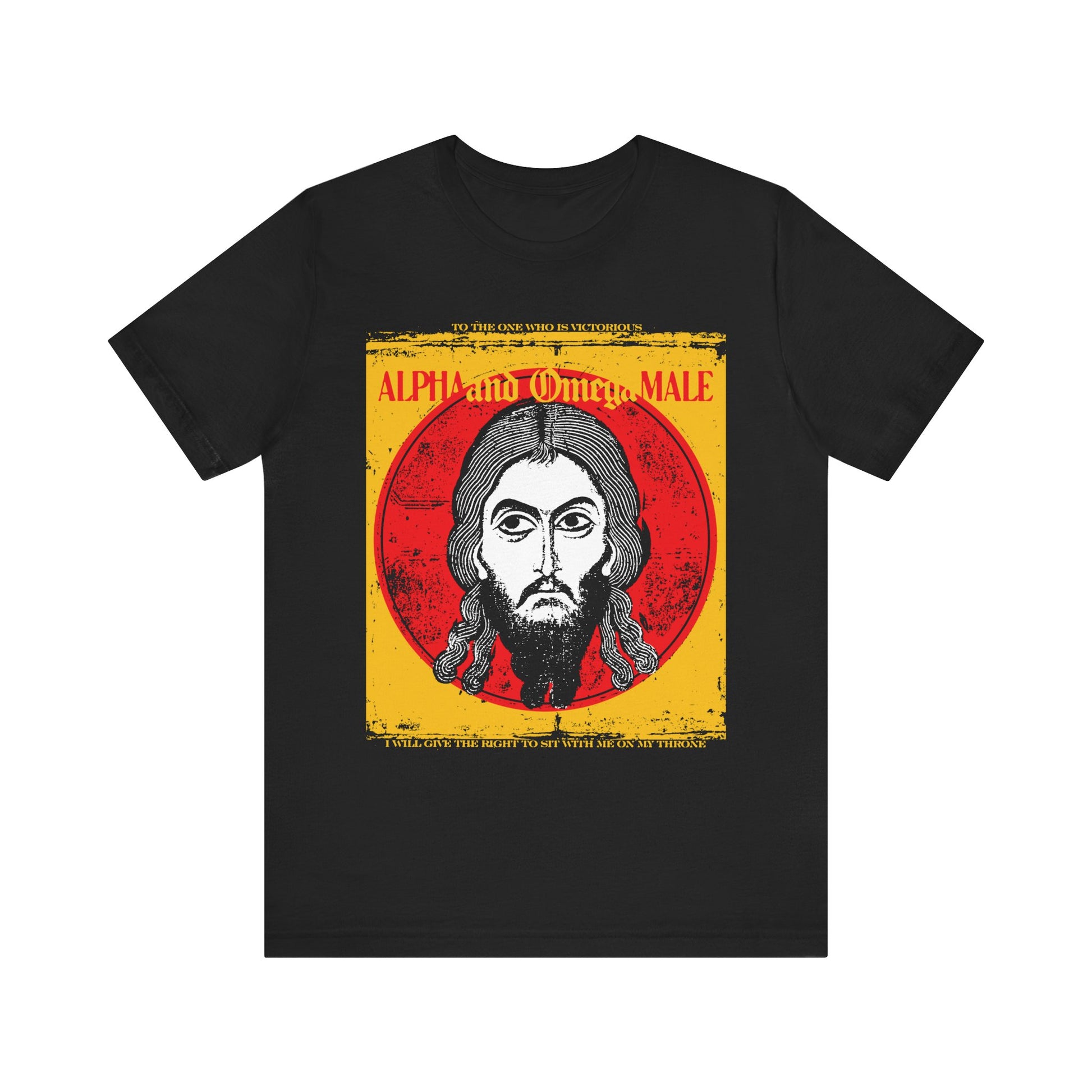 Black "Alpha & Omega Male" unisex tee features the Jesus Christ Image of Edessa IkonoGraphic and “To the One Who Is Victorious” text; made from lightweight cotton, perfect for celebrating Orthodox Christian faith.