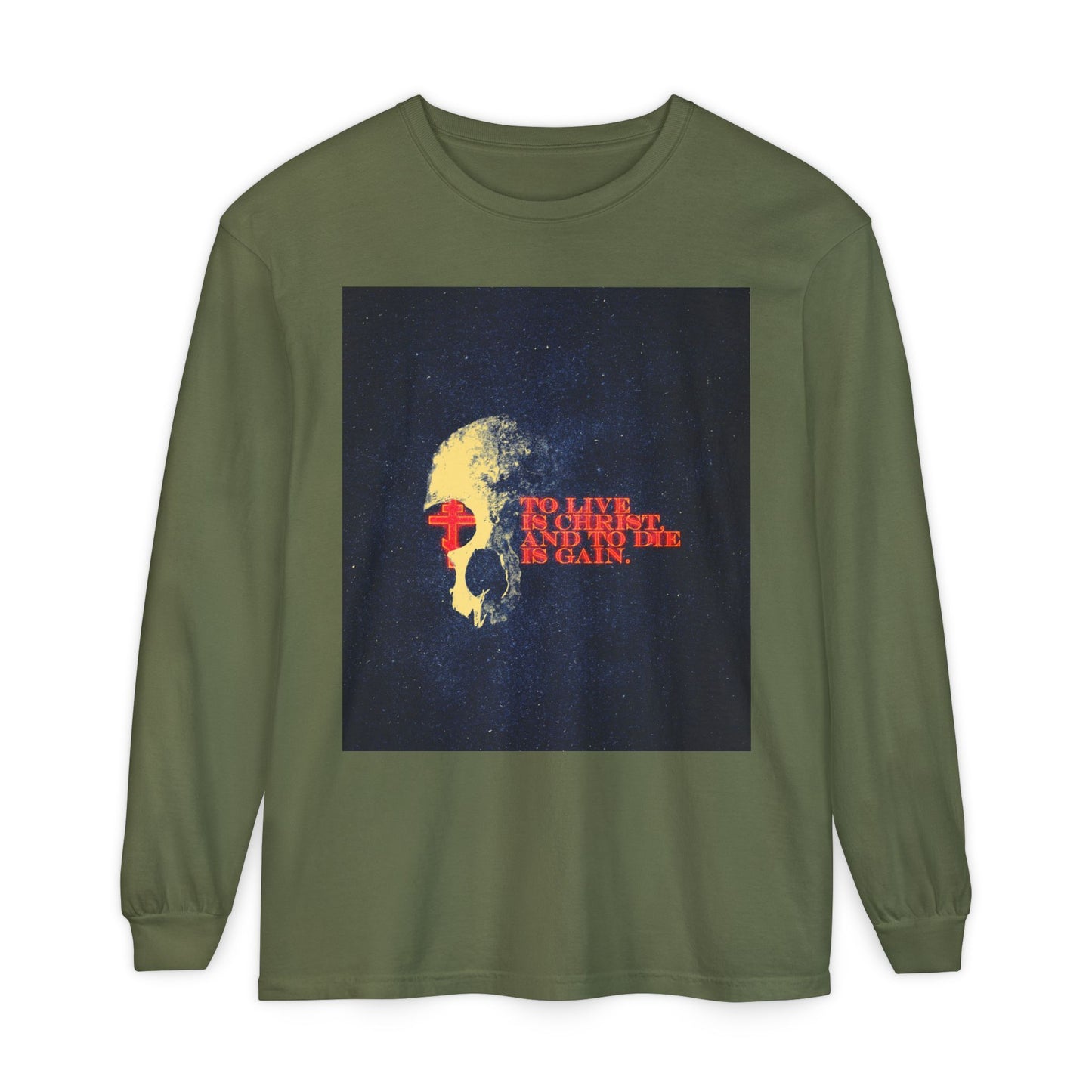 To Live is Christ and to Die is Gain | Phil 1:21 | Retro Texture | Glowing Letters and Cross with Skull | Orthodox Christian Long Sleeve Shirt