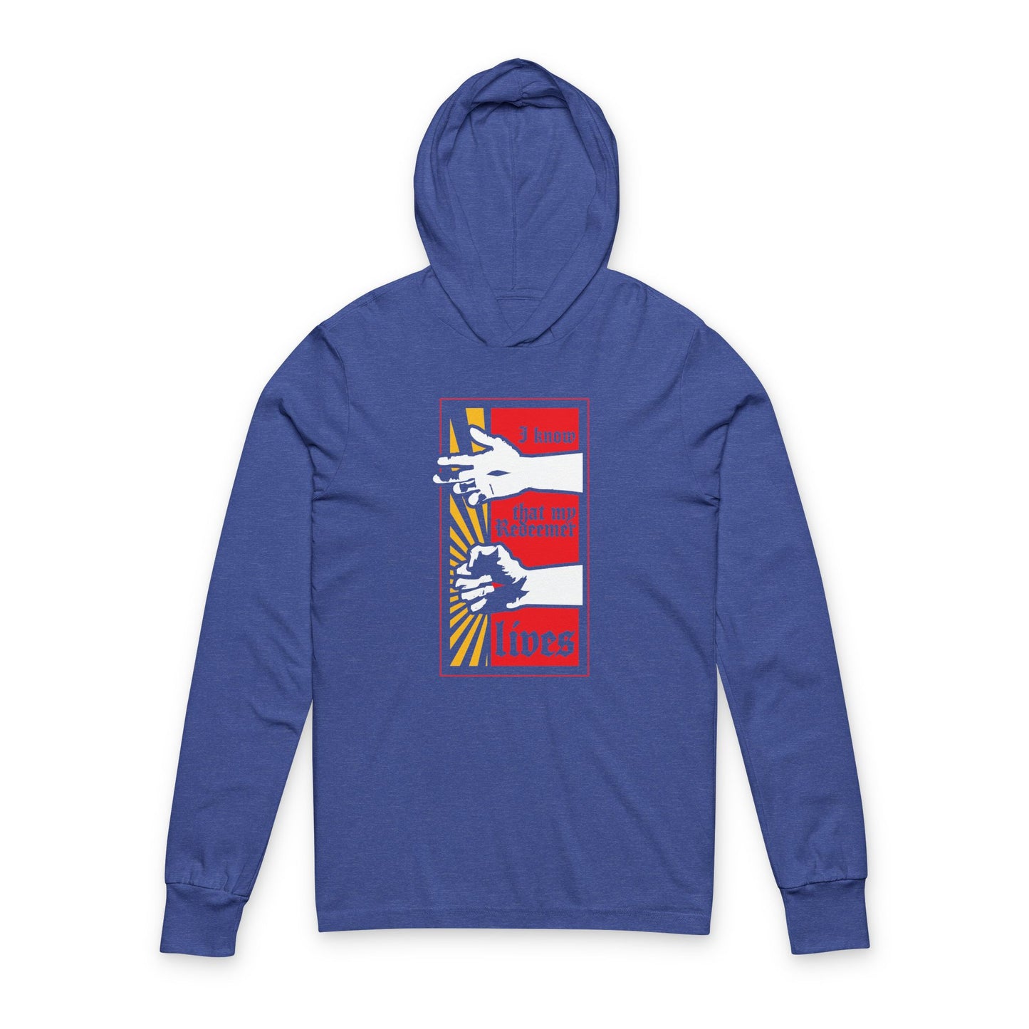 Heather True Royal hoodie with a comic book style design: resurrected Jesus' fist radiating divine power and the phrase "I Know That My Redeemer Lives" (Job 19:25) in red and white; Orthodox Christian inspiration.