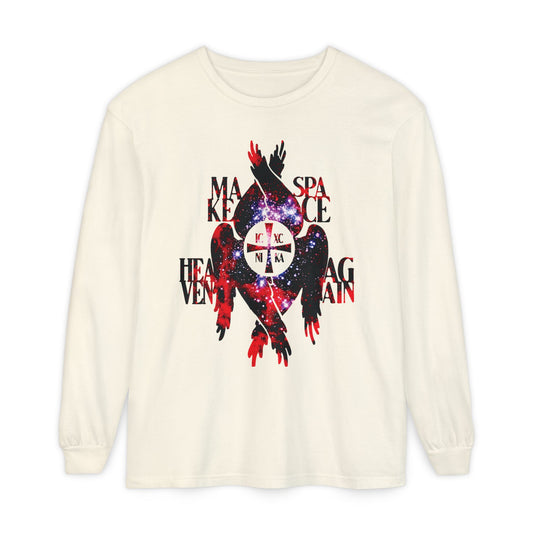 Ivory long sleeve shirt featuring a cosmic ICXC NIKA cross, Seraphim wings, and bold MAKE SPACE HEAVEN AGAIN text—Orthodox Christian design inspired by angels across the seven heavens.
