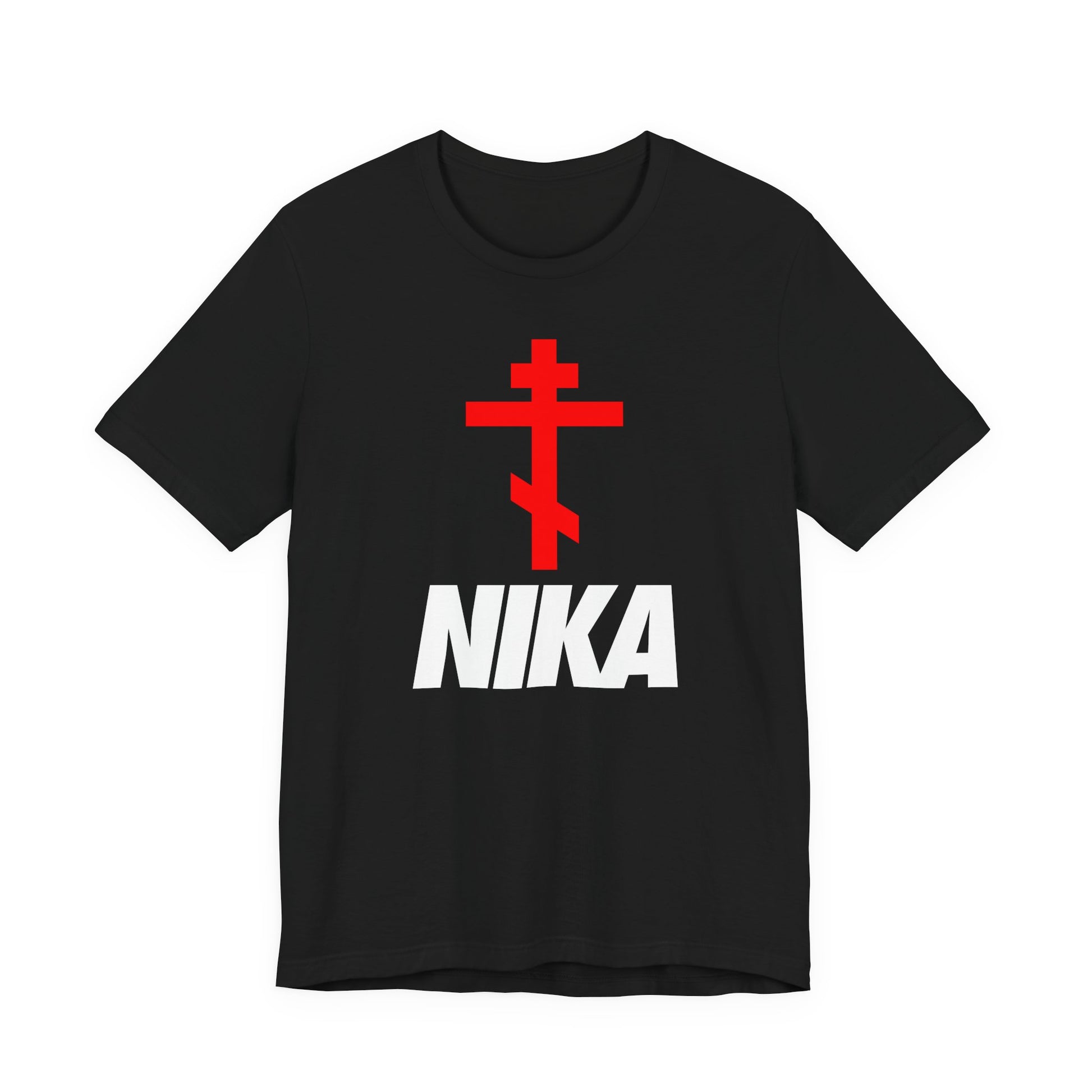 Black T-shirt with a minimalist Orthodox cross and bold NIKA text, inspired by Orthodox iconography and Christian symbolism; features a unique NIKE logo mashup, perfect for athletic ascetic fashion.