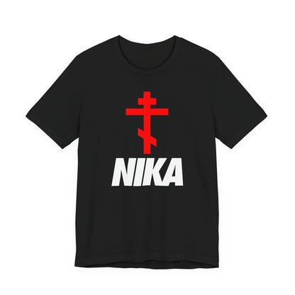 Black T-shirt with a minimalist Orthodox cross and bold NIKA text, inspired by Orthodox iconography and Christian symbolism; features a unique NIKE logo mashup, perfect for athletic ascetic fashion.