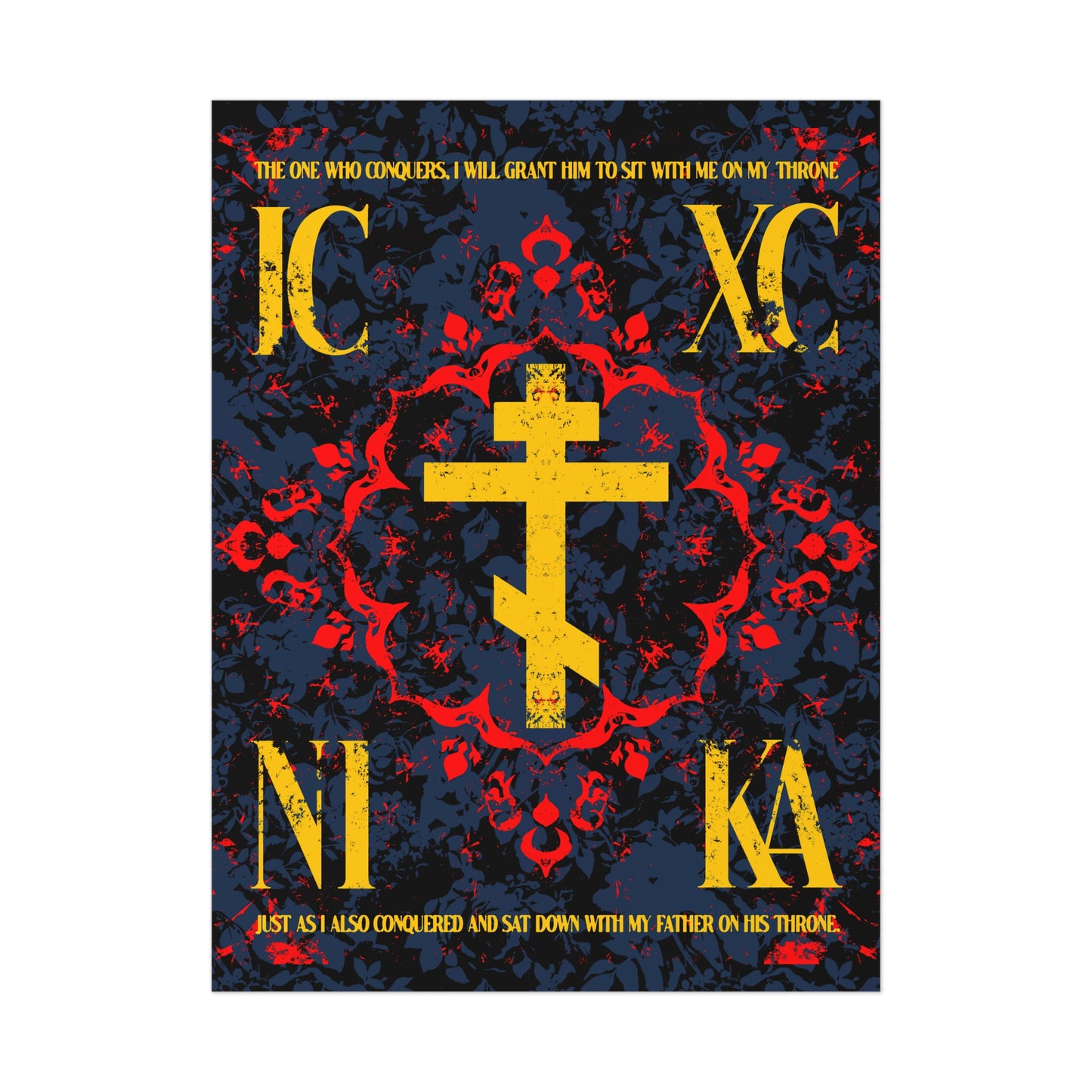 IC XC NIKA Orthodox Cross | Medieval Floral Design | The One Who Conquers (Revelation 3:21) | Orthodox Christian Art Poster
