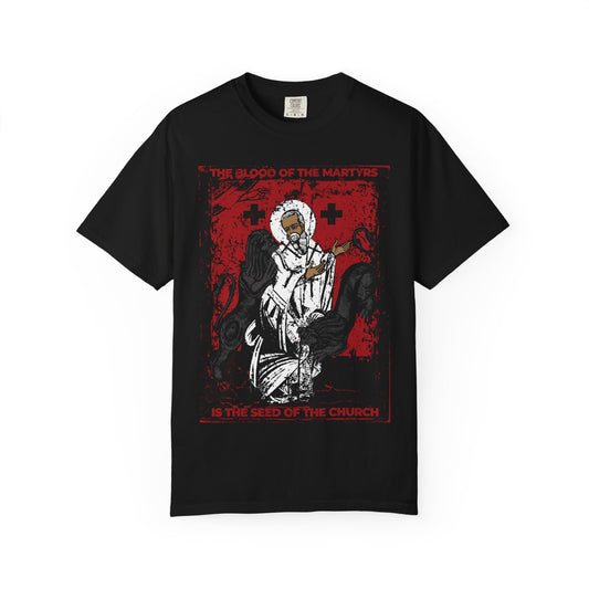 Black Blood of Martyrs is Seed of the Church | St Ignatius Devoured By Lions T-shirt with Ignatius and lions graphic.
