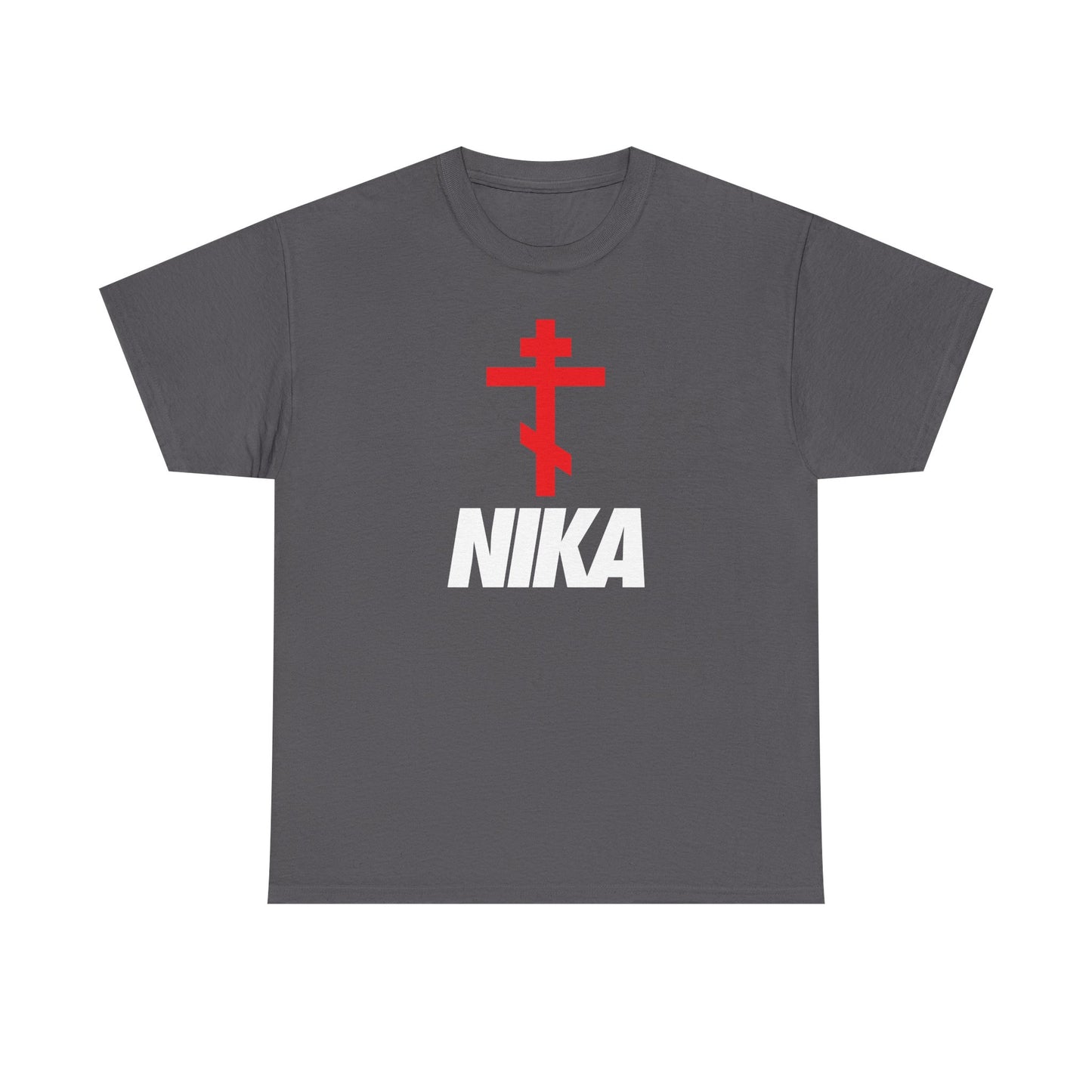 Charcoal heavy cotton t-shirt featuring a minimalist red Orthodox Cross and bold white NIKA text—a Christogram mashup inspired by the NIKE logo, symbolizing "Jesus Christ Conquers." Ideal for athletic ascetic Christian style.