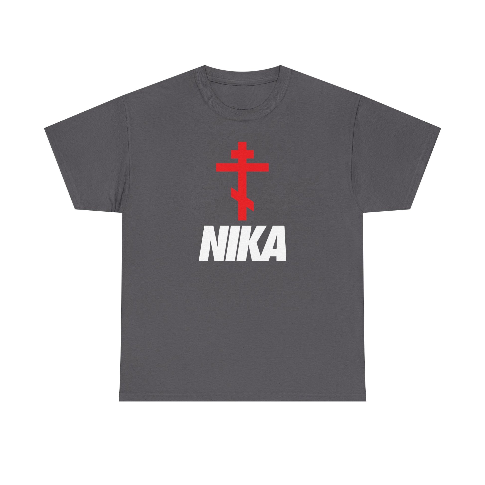 Charcoal heavy cotton t-shirt featuring a minimalist red Orthodox Cross and bold white NIKA text—a Christogram mashup inspired by the NIKE logo, symbolizing "Jesus Christ Conquers." Ideal for athletic ascetic Christian style.