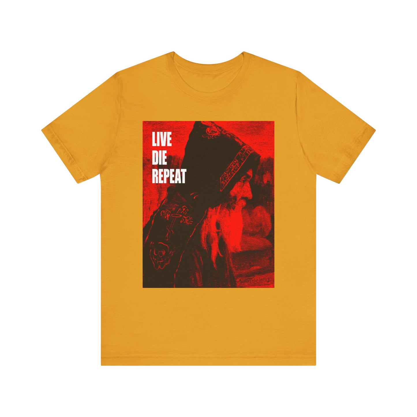 Mustard unisex tee featuring Mikhail Nesterov's Orthodox Monk art and the quote "Die Every Day, You Will Live Forever," inspired by St. Antony the Great. Lightweight cotton; design in red, black, and white.