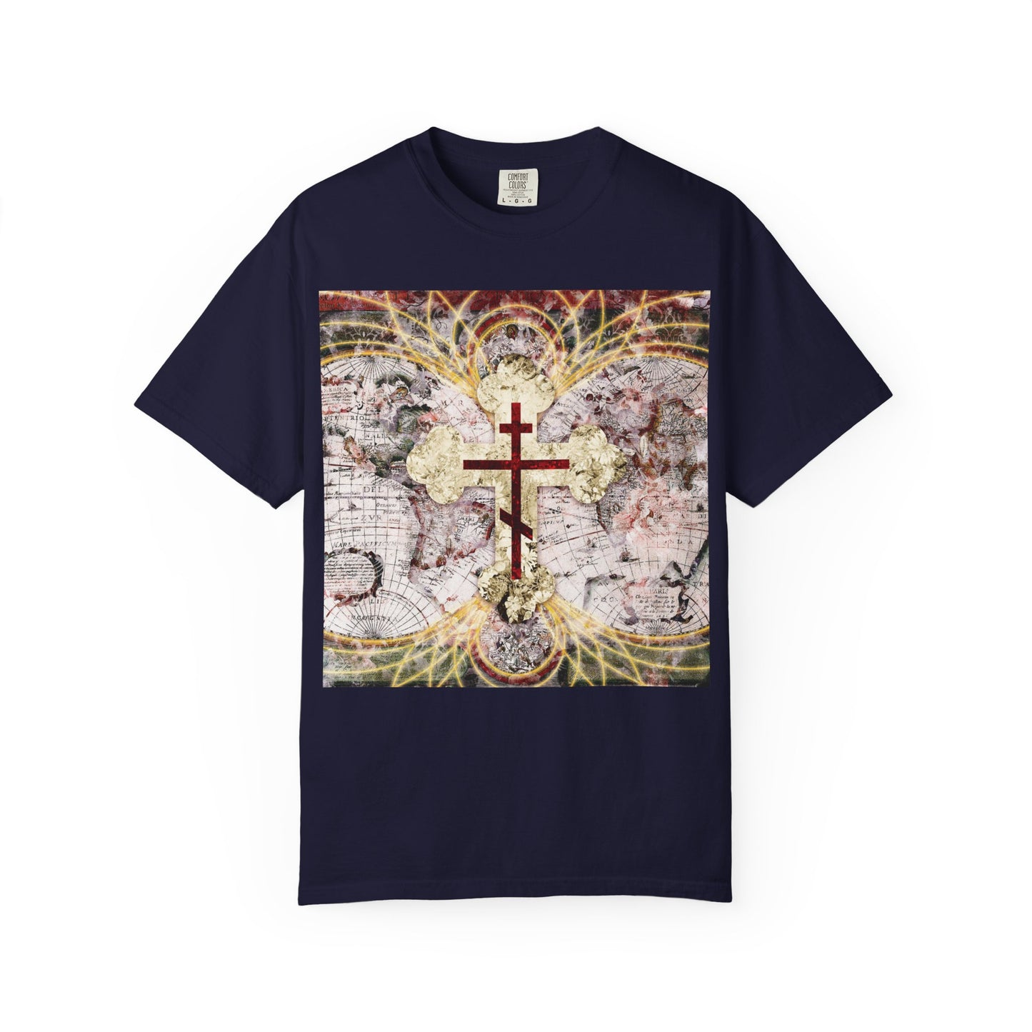 True Navy heavyweight cotton unisex tee featuring a red Orthodox cross over an antique map with glowing magnetic lines, inspired by the “Conqueror of Death” theme and the biblical imagery of Revelation 1:18—Orthodox Christian design.