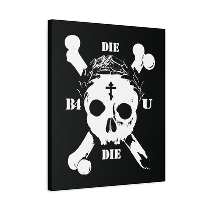 Die Before You Die | Retro Skull & Crossbones with Orthodox Cross and Laurel Victory Wreath—Memento Mori ascetic Christian wall art inspired by Matthew 16:24-25: "deny himself and take up his cross.