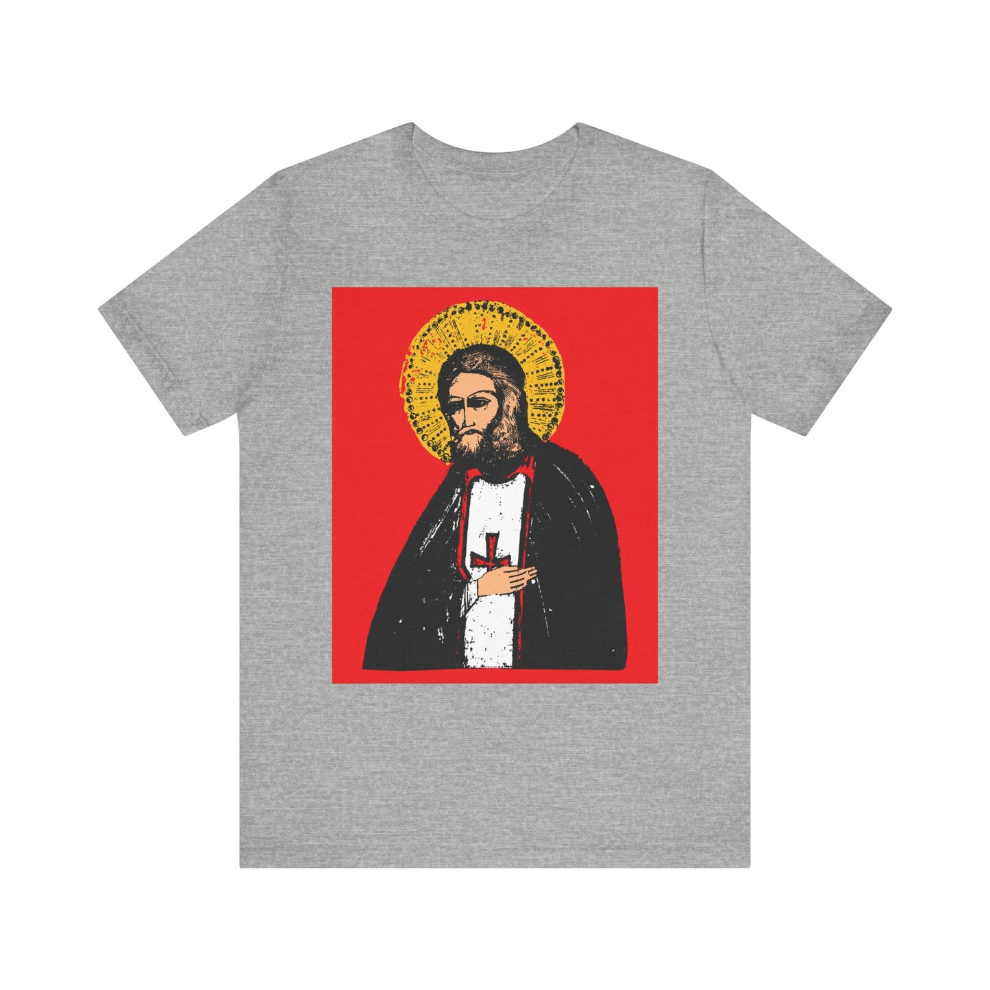 Athletic Heather tee featuring a St. Seraphim of Sarov icon-style graphic and the message "True Aim of Christian Life is Acquisition of the Holy Spirit." Orthodox, 2-sided lightweight cotton unisex shirt.
