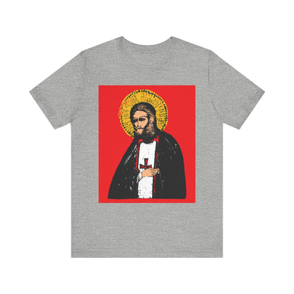 Athletic Heather tee featuring a St. Seraphim of Sarov icon-style graphic and the message "True Aim of Christian Life is Acquisition of the Holy Spirit." Orthodox, 2-sided lightweight cotton unisex shirt.
