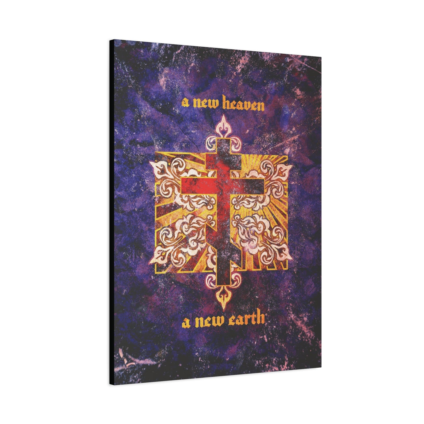 A New Heaven/A New Earth | Red Orthodox Cross on Textured Ornate Background | Christian Canvas Art