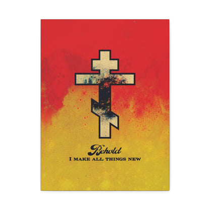 Behold, I Make All Things New (Revelation 21:5) | Cosmic Orthodox Cross on Red and Yellow Background | Orthodox Christian Canvas Art