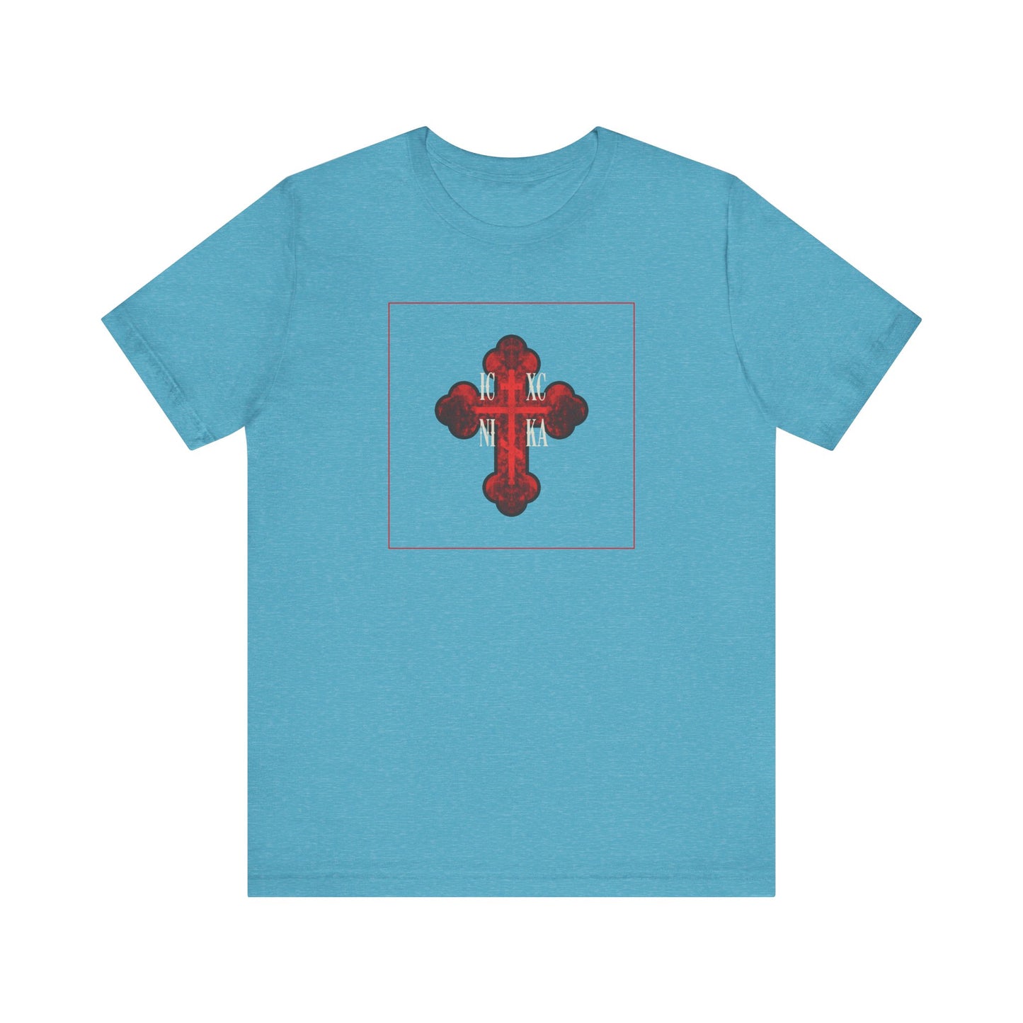Heather Aqua unisex cotton tee featuring the ICXC NIKA Red Glowing Ornate Textured Orthodox Cross—a symbol of salvation and style—centered on the chest.