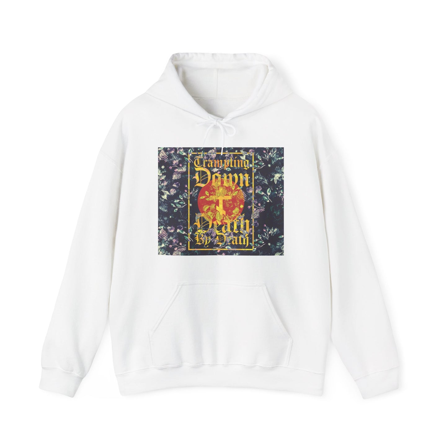 Trampling Down Death By Death | Paschal Floral Design with Gothic Script and Three-Bar Cross | Orthodox Christian Hoodie