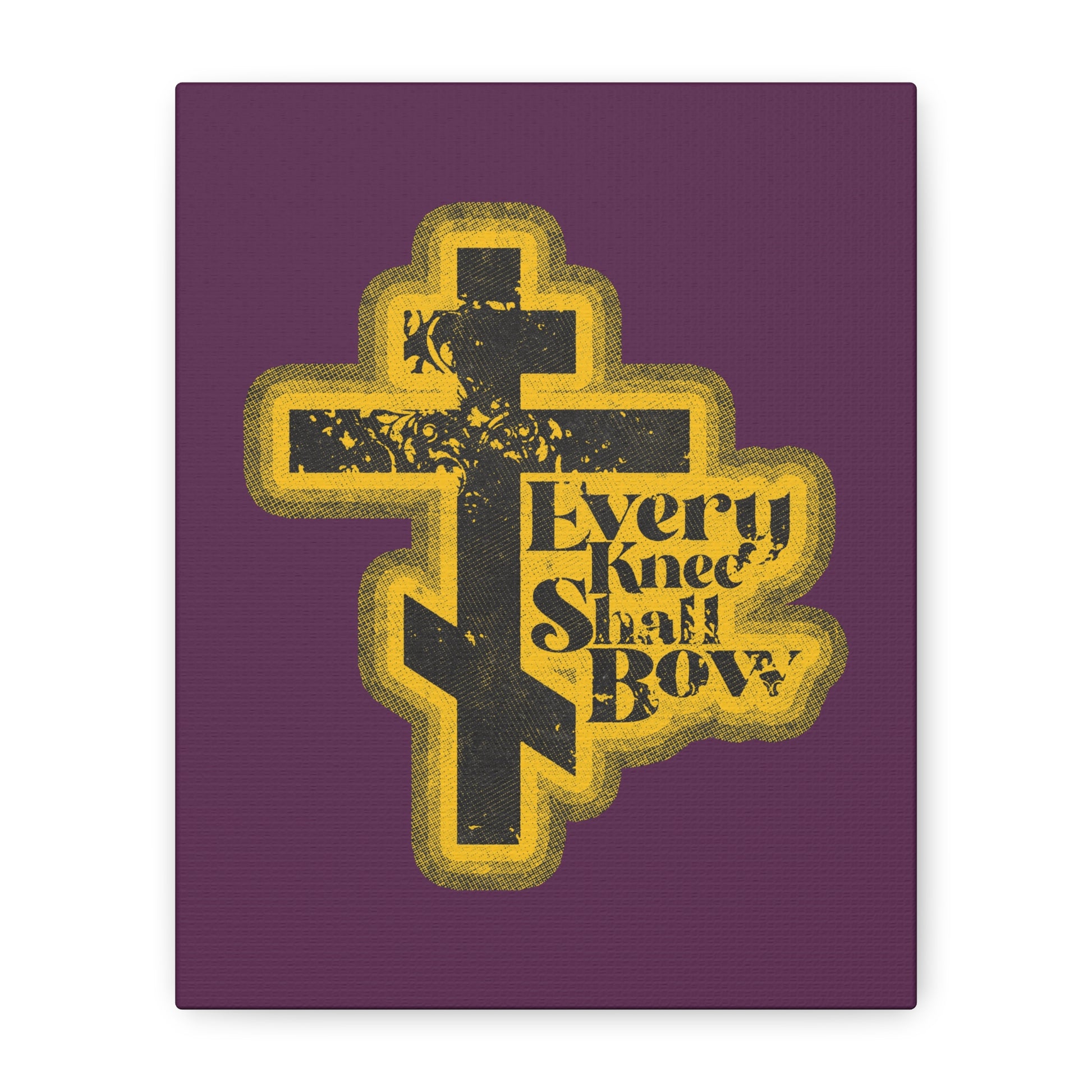A 70s distressed halftone comic book style Orthodox cross with "Every Knee Shall Bow," Philippians 2:10-11, and Isaiah 45:23, featured as Christian wall art.
