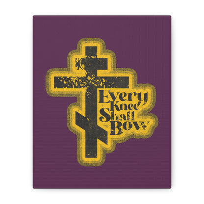 A 70s distressed halftone comic book style Orthodox cross with "Every Knee Shall Bow," Philippians 2:10-11, and Isaiah 45:23, featured as Christian wall art.