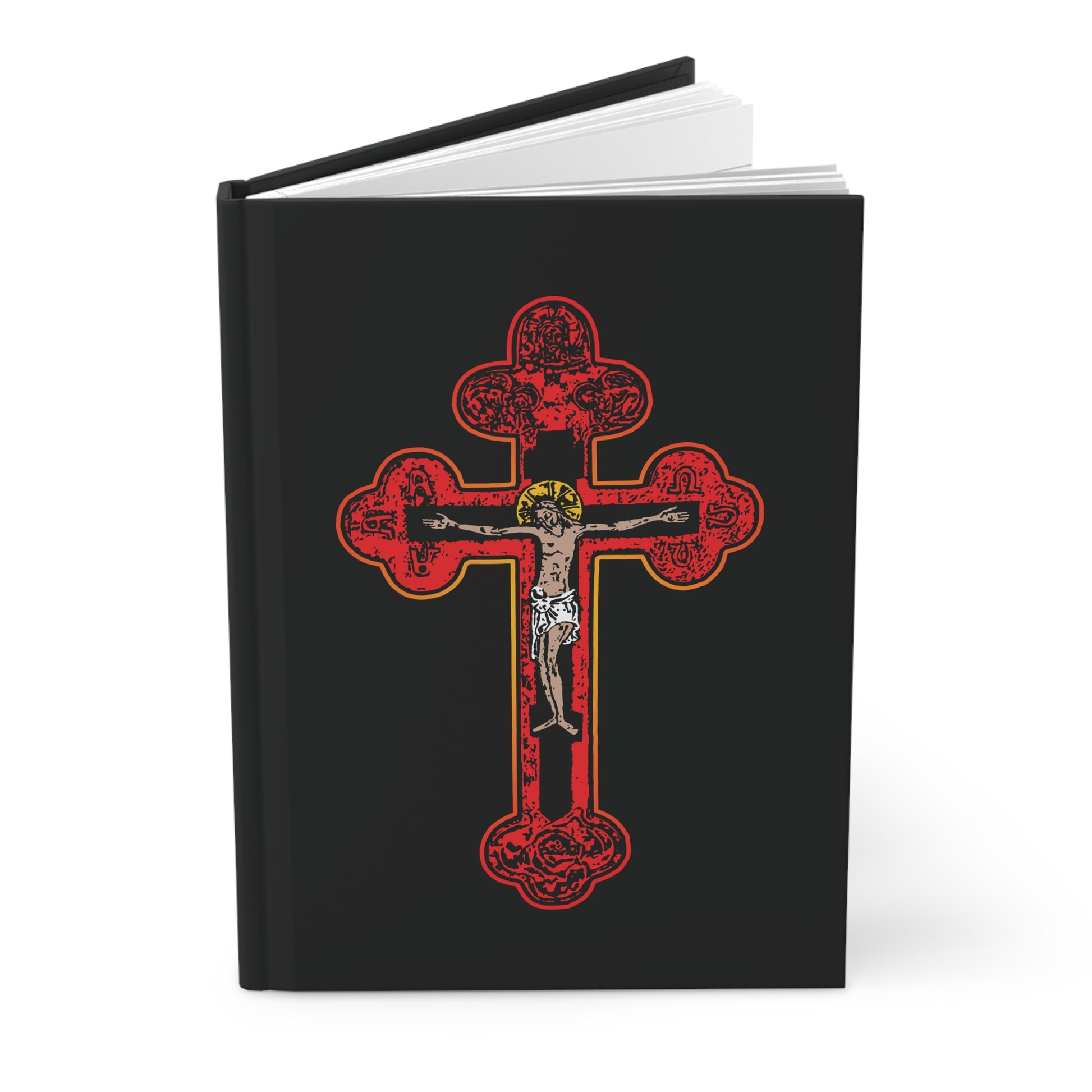 The Red Orthodox Christian Crucifix Hardcover Journal features a Byzantine Golgotha Cross with Christ, symbolizing "I Am Crucified With Christ" (Galatians 2:20), Alpha & Omega, on a black cover.