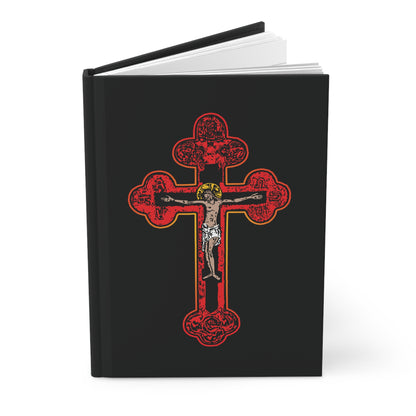 The Red Orthodox Christian Crucifix Hardcover Journal features a Byzantine Golgotha Cross with Christ, symbolizing "I Am Crucified With Christ" (Galatians 2:20), Alpha & Omega, on a black cover.