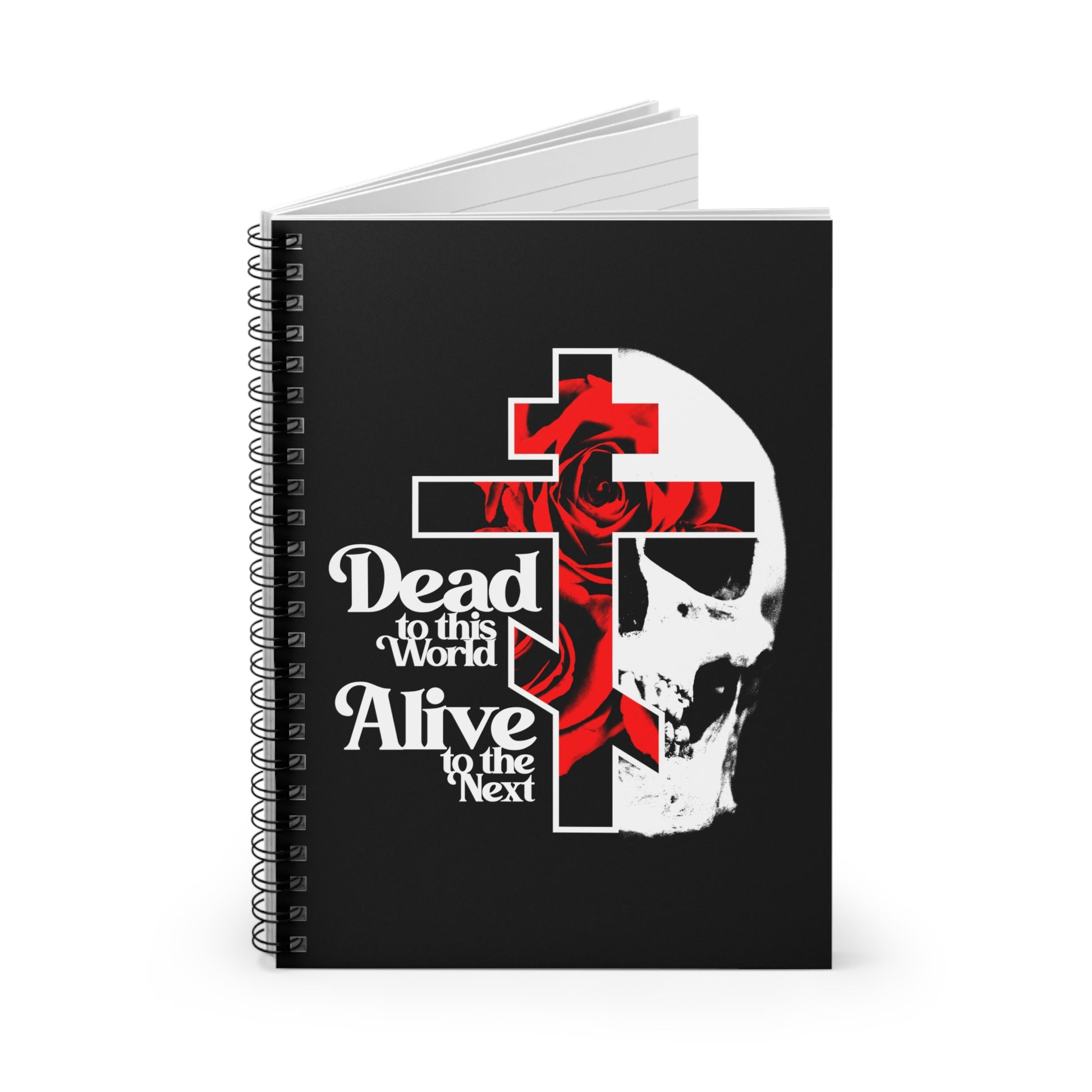 The "Dead to this World" Christian Spiral Notebook features a skull, cross, rose, and 70s typography—bestselling Christian Goth design inspired by renunciation themes from The Ladder of Divine Ascent.