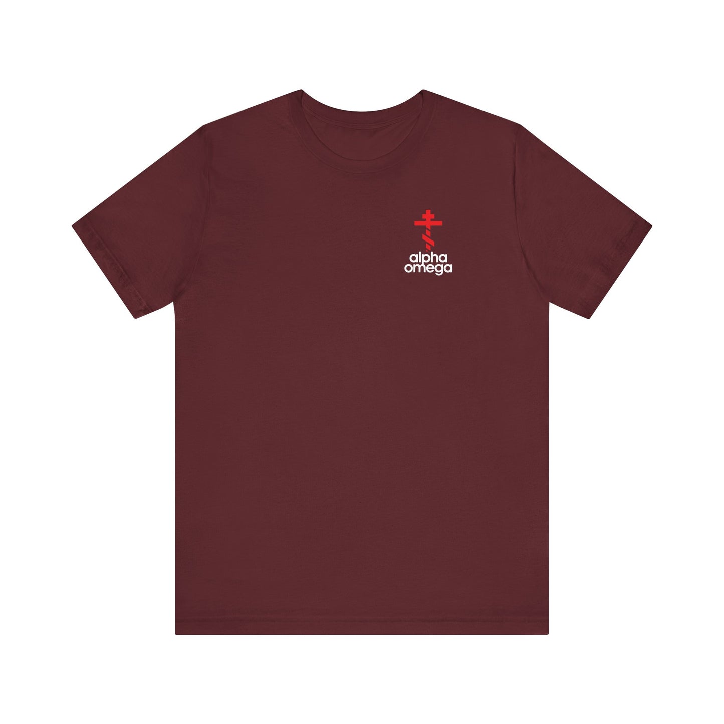 Maroon Alpha & Omega Red Orthodox Cross Minimalist Tee features a small red double cross and white text on the left chest, representing prayer and repentance in Christian life. Lightweight cotton unisex design inspired by Adidas.
