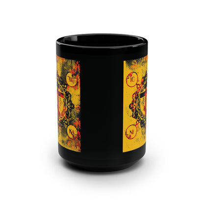 IC XC NIKA Orthodox Cross | Yellow & Red Modern & Medieval Textured Floral Design | Orthodox Christian Black Mug