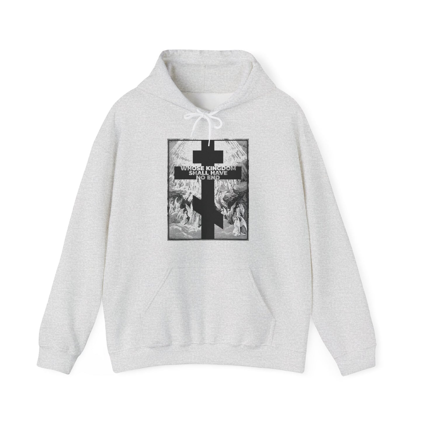 Ash hoodie featuring a black cross and vintage Gustave Doré etching, with the text Whose Kingdom Shall Have No End—a subtle nod to Christian faith, inspired by the Nicene Creed and Orthodox tradition.