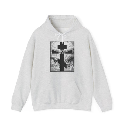 Ash hoodie featuring a black cross and vintage Gustave Doré etching, with the text Whose Kingdom Shall Have No End—a subtle nod to Christian faith, inspired by the Nicene Creed and Orthodox tradition.